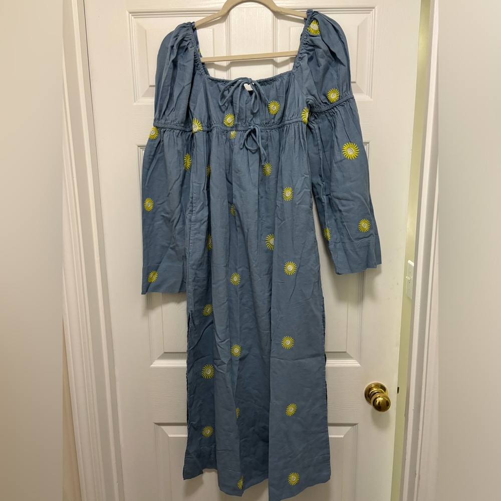 NWT Free People Emory Embroidered Blue Long Bell Sleeve Maxi Dress XS.